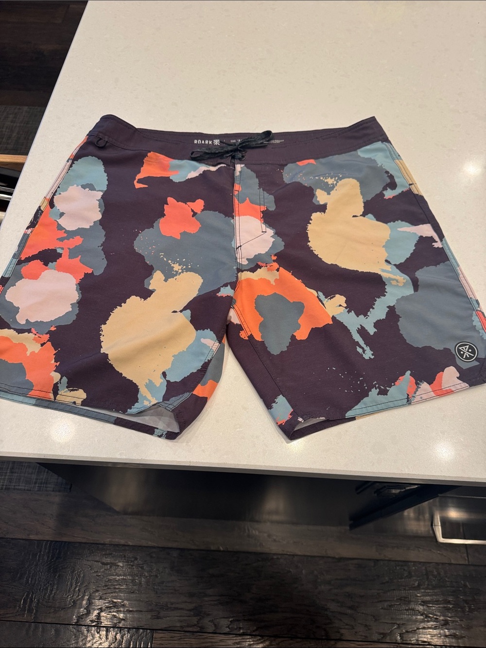 Roark Men's Black Trunks Coral, Tan, Light Blue Abstract Print see measurements